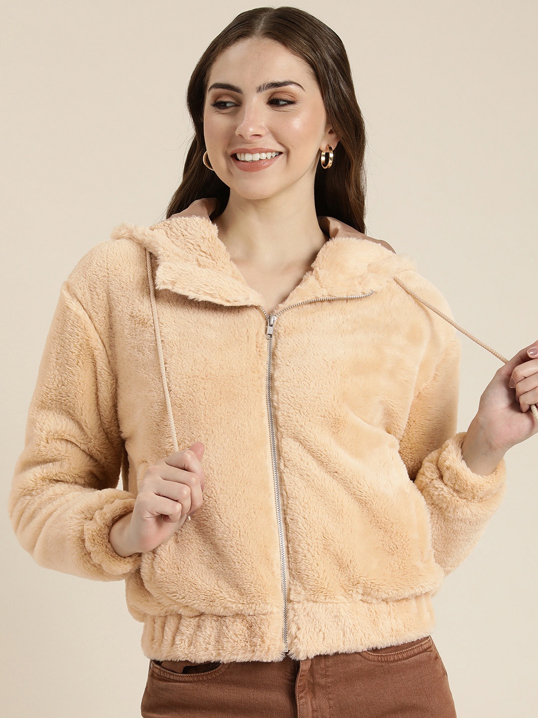 

HERE&NOW Solid Hooded Tailored Fur Jacket, Beige