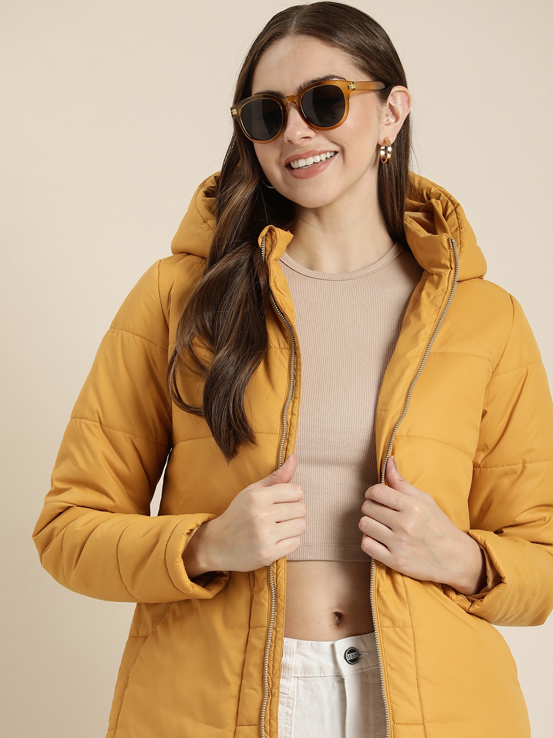 

HERE&NOW Solid Hooded Puffer Jacket, Mustard