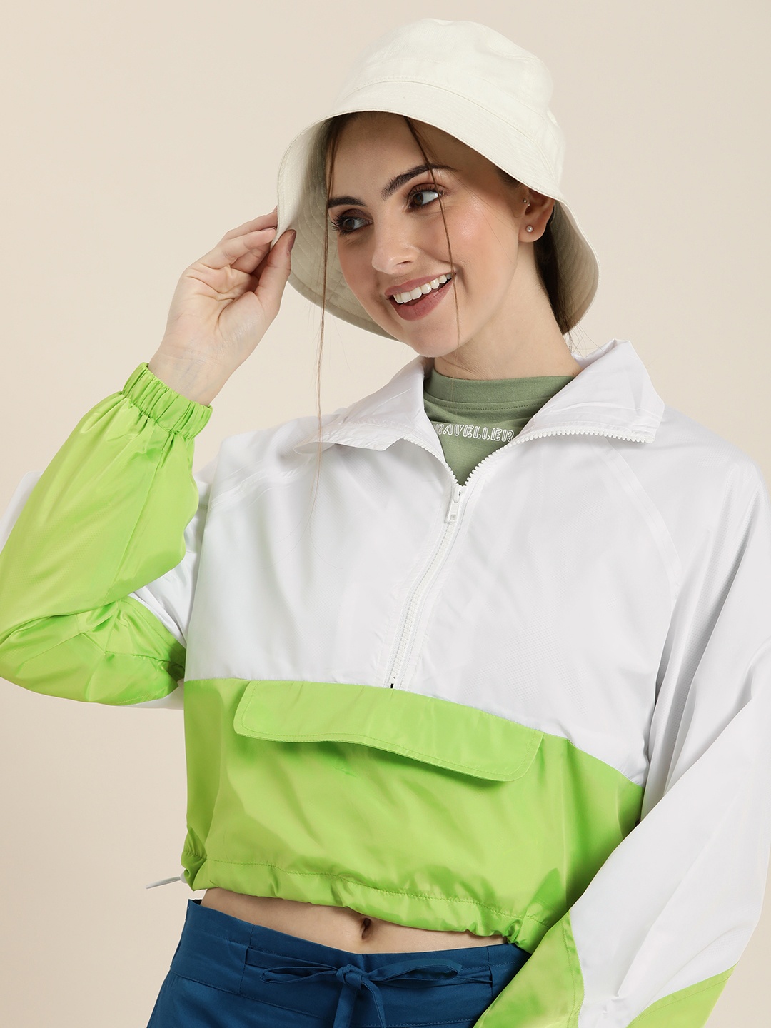 

HERE&NOW Mock Collar Colourblocked Crop Sporty Jacket, Green