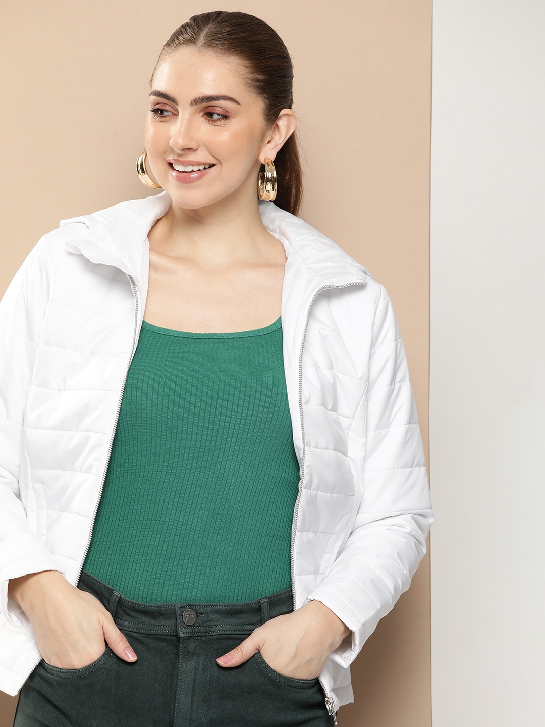 

HERE&NOW Solid Hooded Puffer Jacket, White