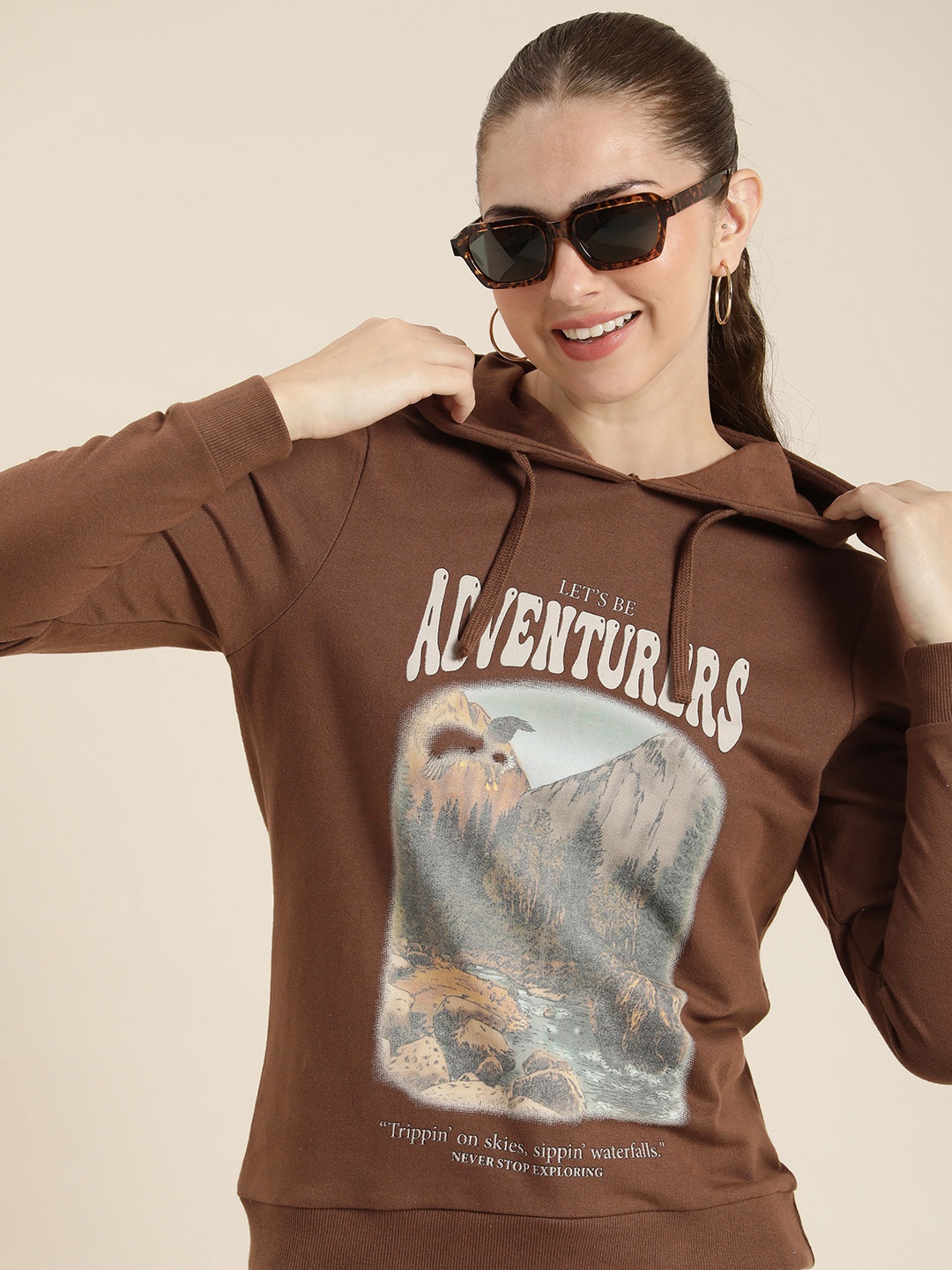

HERE&NOW Pure Cotton Graphic Printed Hooded Sweatshirt, Brown
