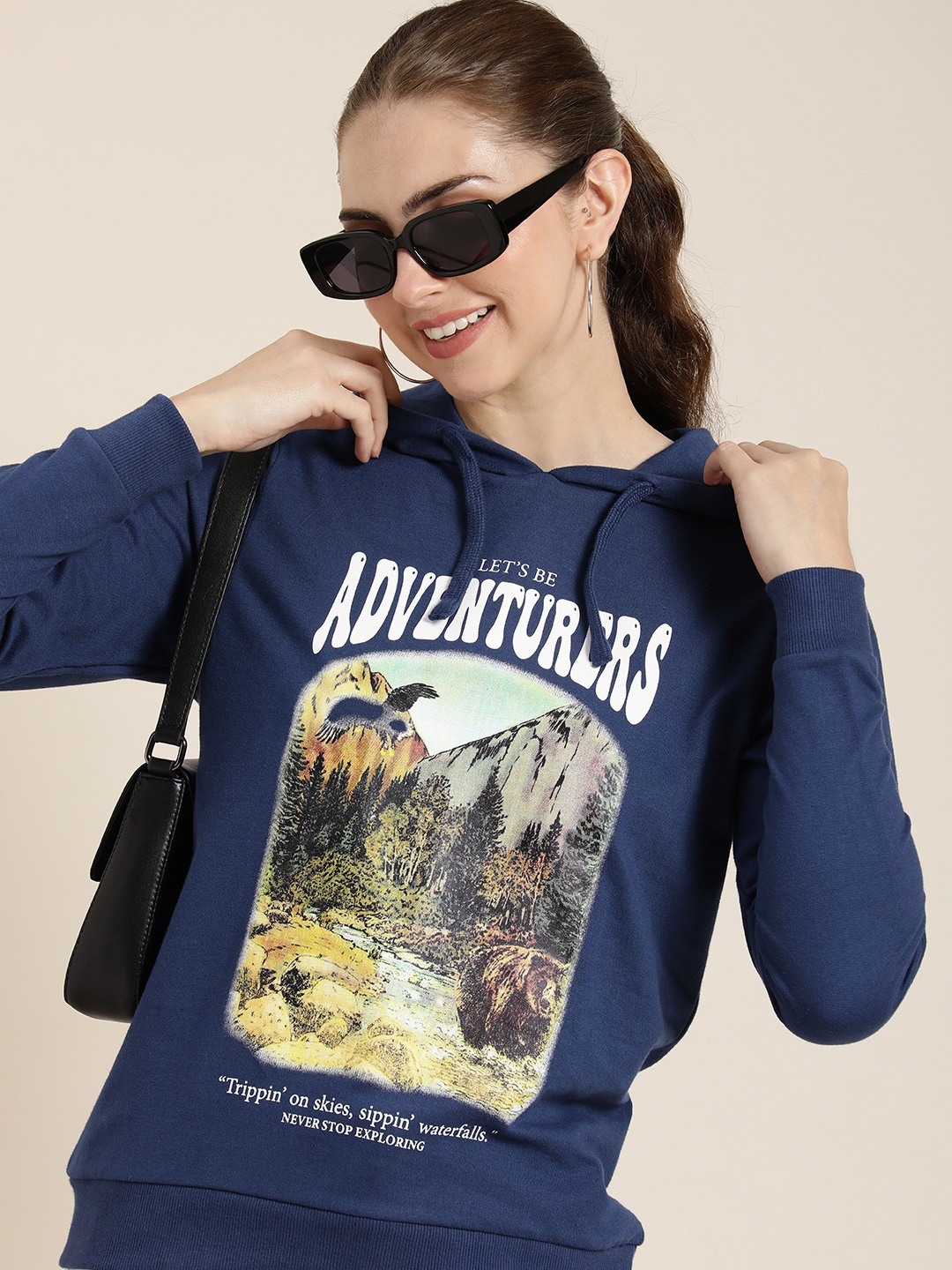 

HERE&NOW Pure Cotton Graphic Printed Hooded Sweatshirt, Navy blue