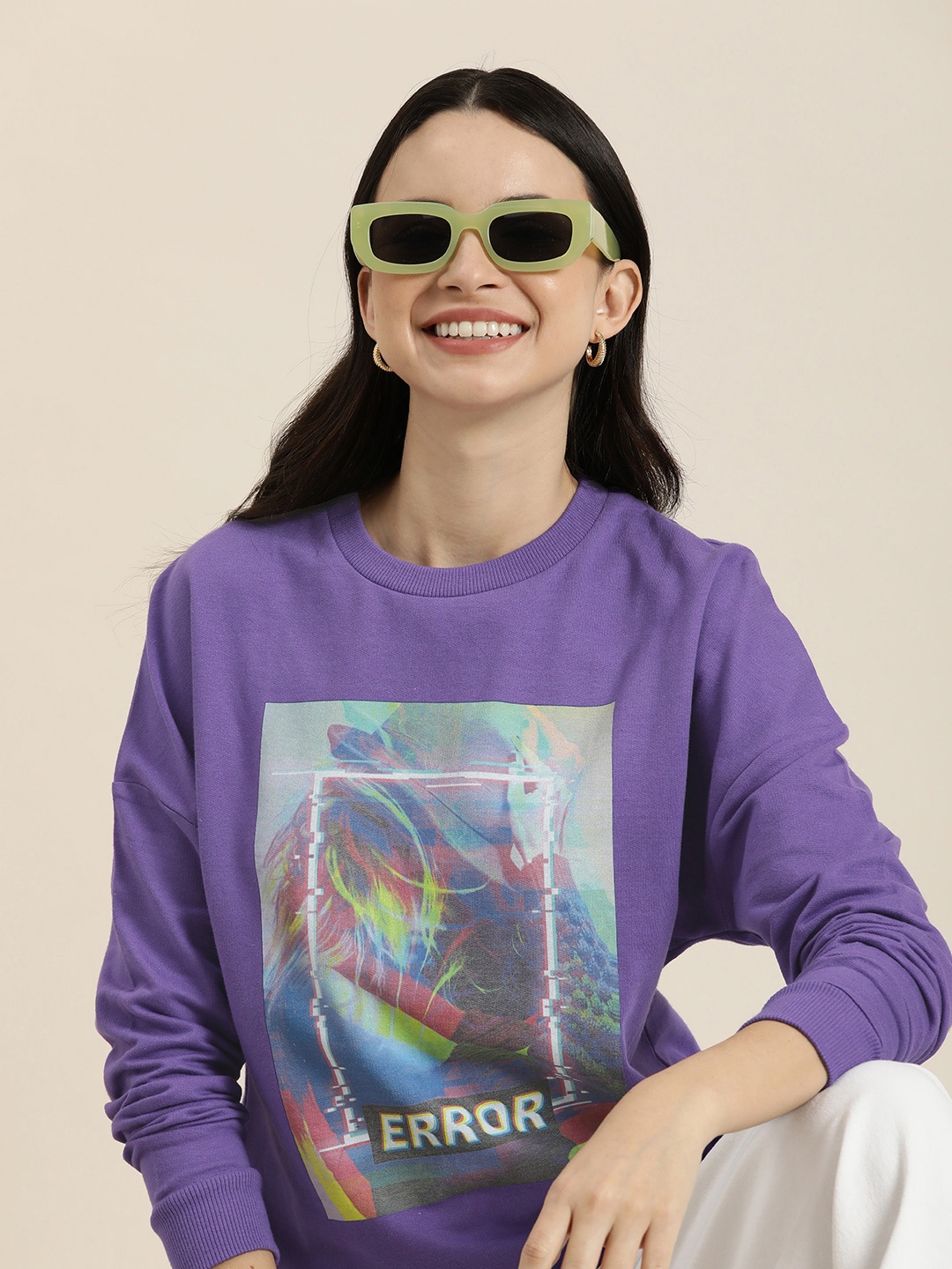 

HERE&NOW Pure Cotton Round Neck Printed Sweatshirt, Violet