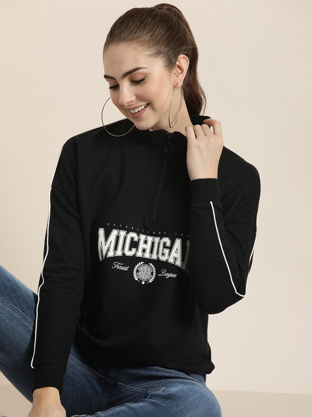 

HERE&NOW Pure Cotton Mock Collar Typography Printed Pullover Sweatshirt, Black