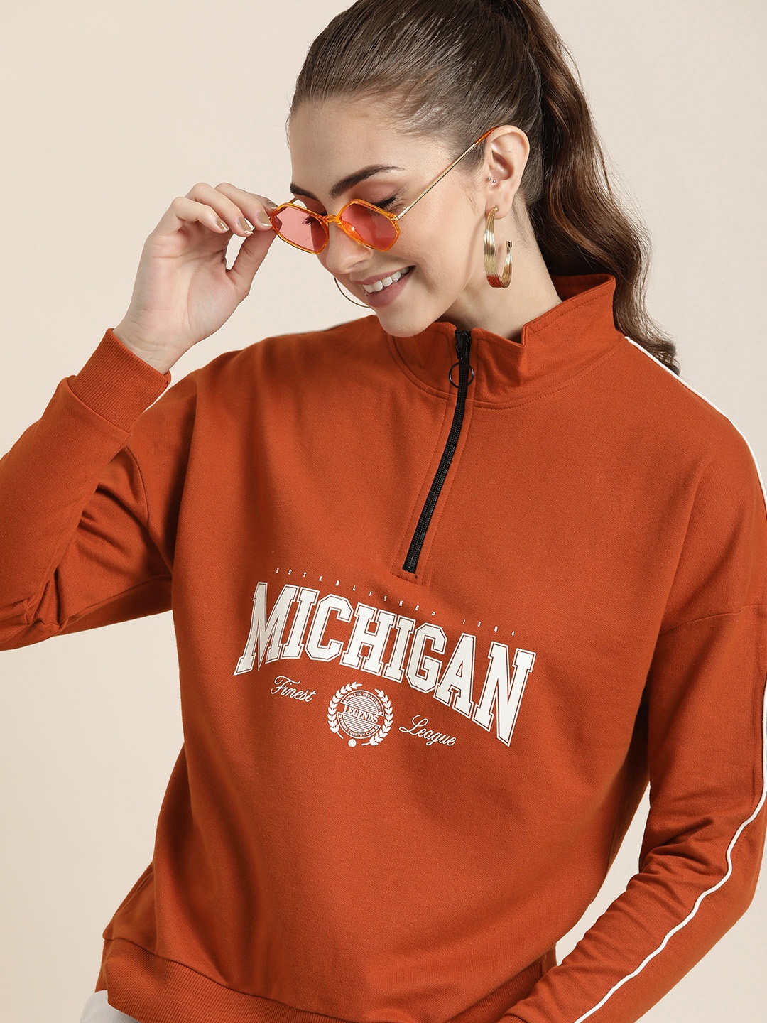 

HERE&NOW Pure Cotton Mock Collar Typography Printed Pullover Sweatshirt, Rust