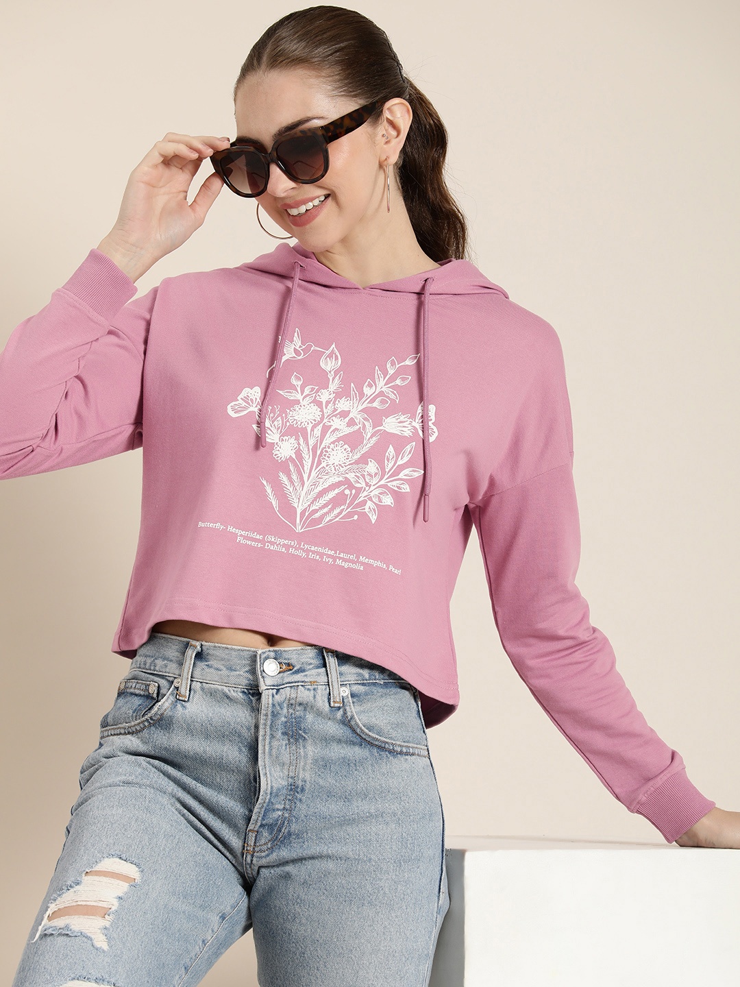 

HERE&NOW Printed Crop Hooded Sweatshirt, Pink