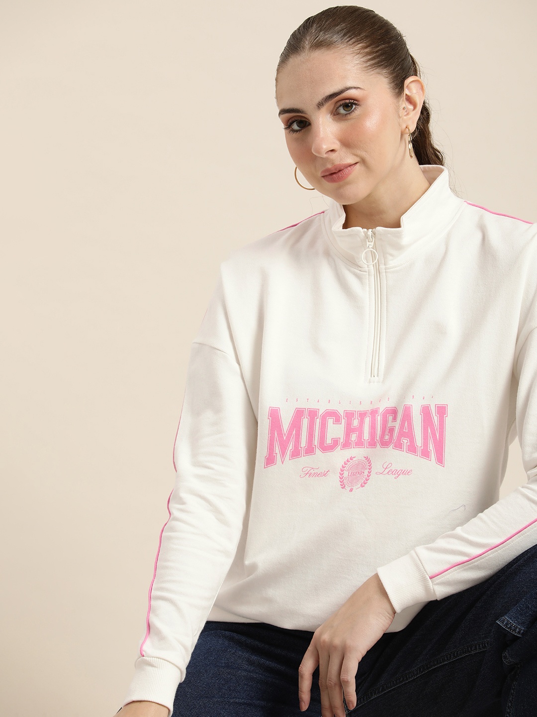 

HERE&NOW Pure Cotton Typography Printed Mock Collar Drop-Shoulder Sleeves Sweatshirt, White