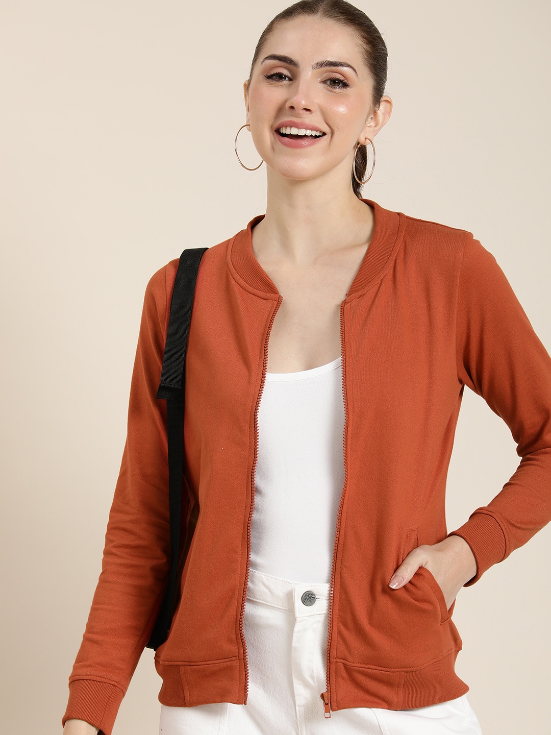 

HERE&NOW Solid V-Neck Front-Open Sweatshirt, Brown