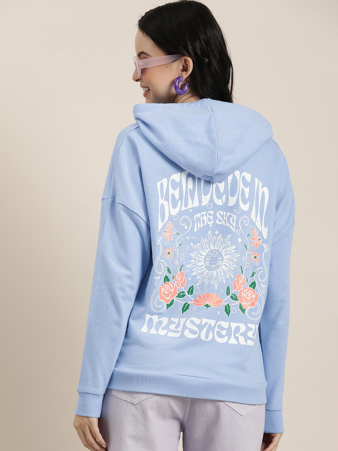 

HERE&NOW Graphic Printed Pure Cotton Hooded Sweatshirt, Blue