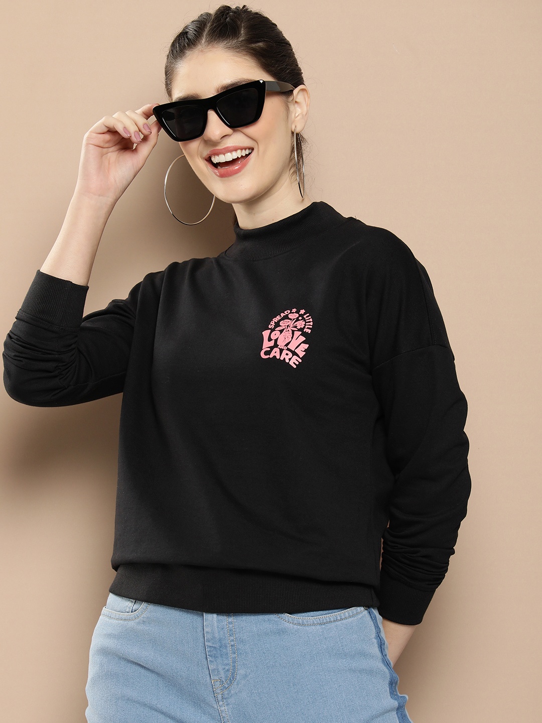 

HERE&NOW Typography Printed Mock Collar Pullover Sweatshirt, Black