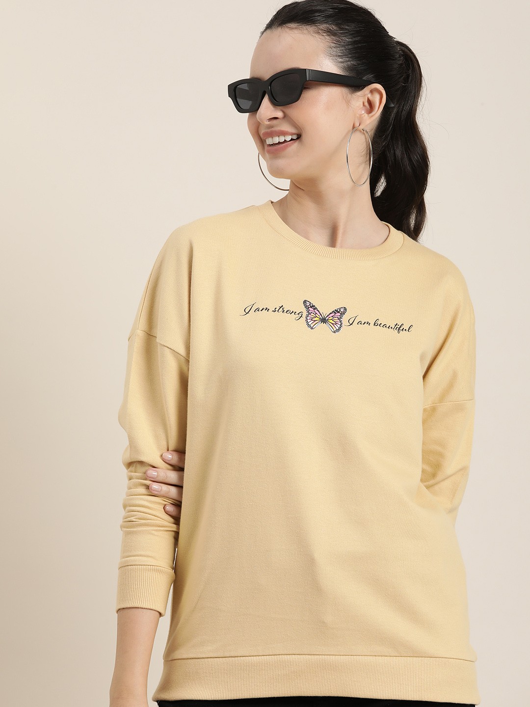 

HERE&NOW Pure Cotton Typography Printed Casual Sweatshirt, Beige