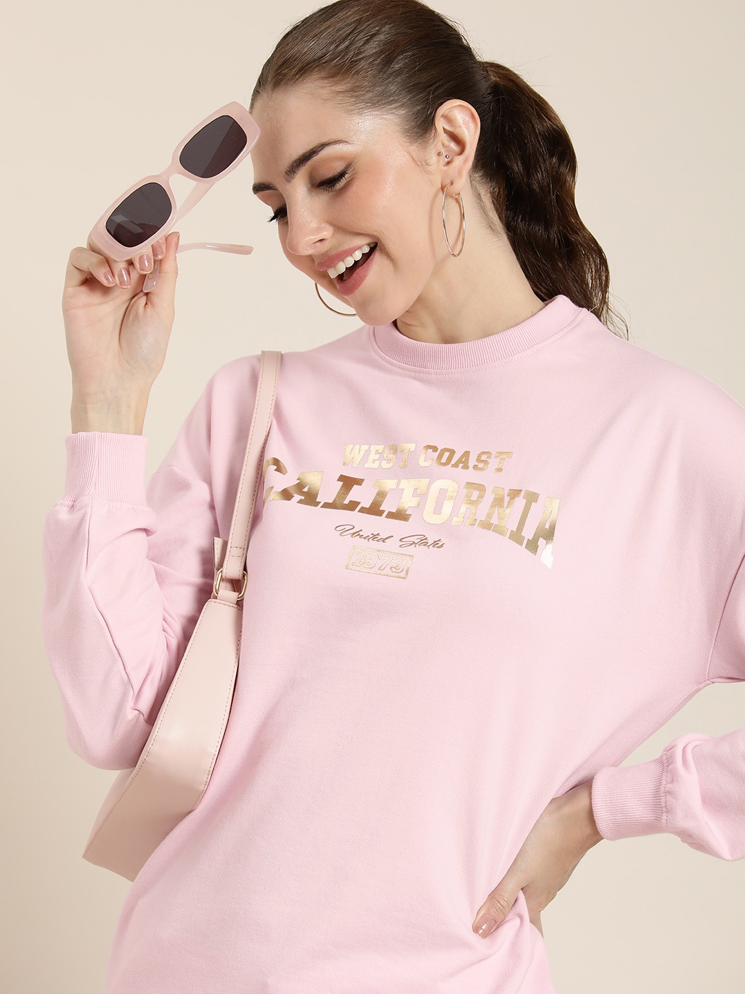 

HERE&NOW Typography Printed Round Neck Sweatshirt, Pink