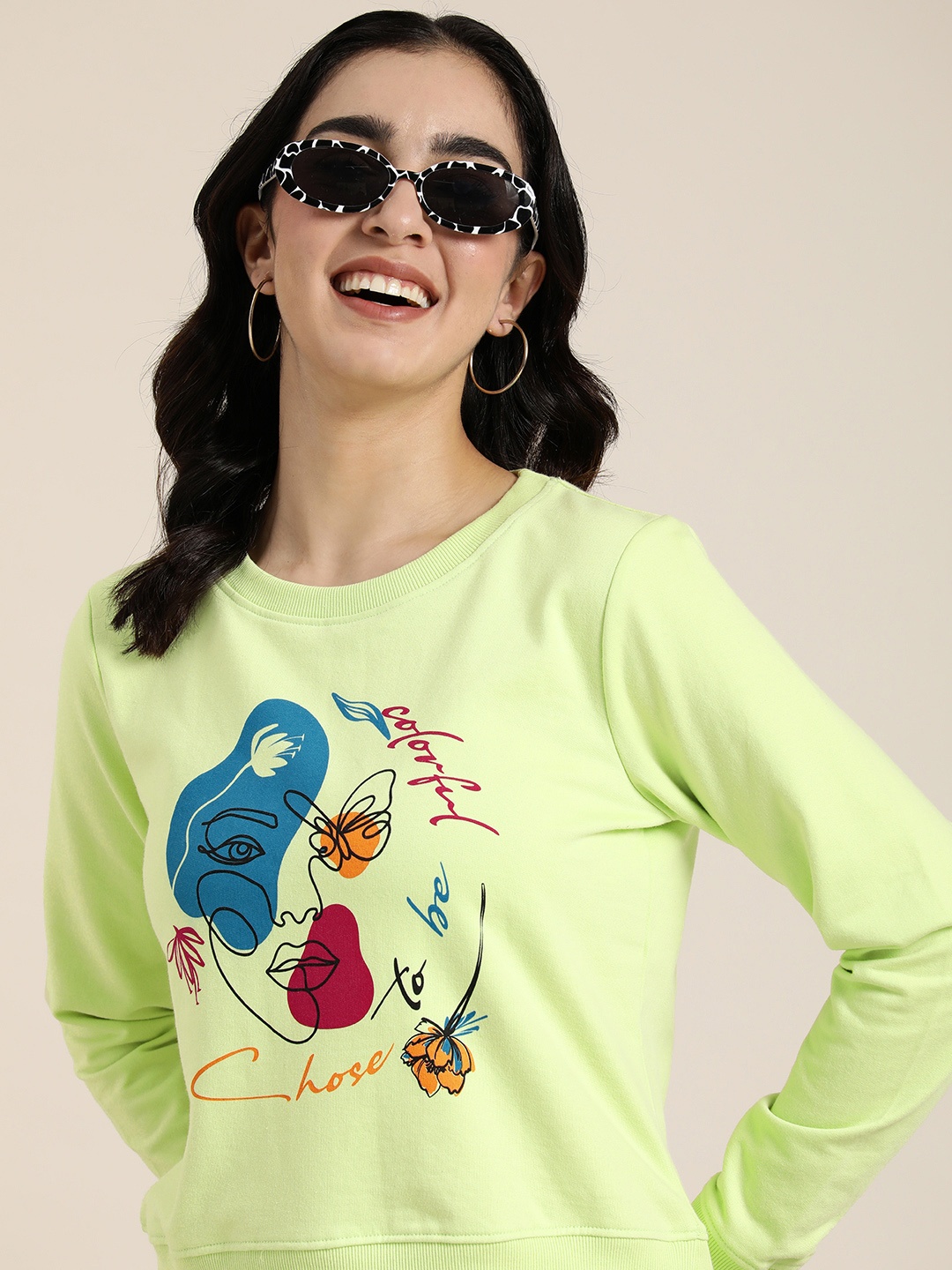 

HERE&NOW Graphic Printed Full Sleeves Casual Sweatshirt, Green