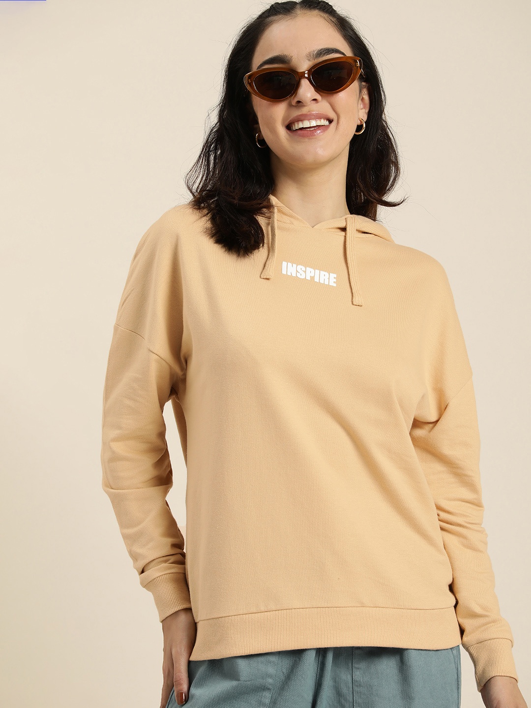 

HERE&NOW Pure Cotton Typography Printed Hooded Sweatshirt, Beige