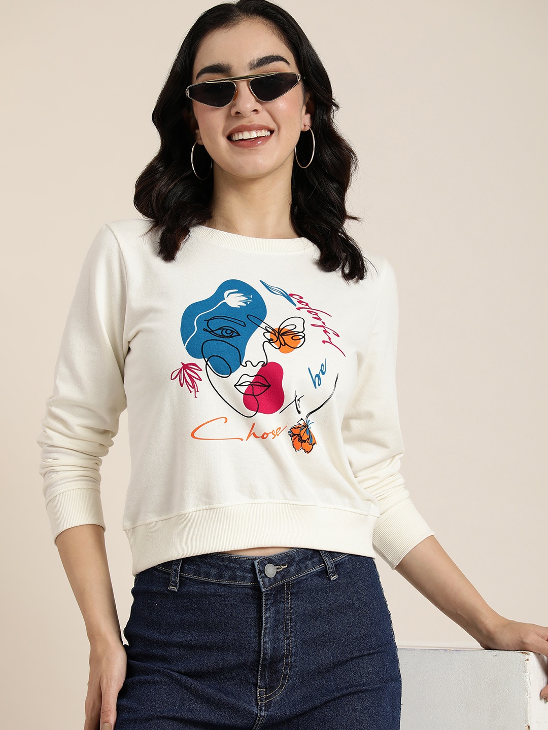 

HERE&NOW Graphic Printed Full Sleeves Casual Sweatshirt, Off white