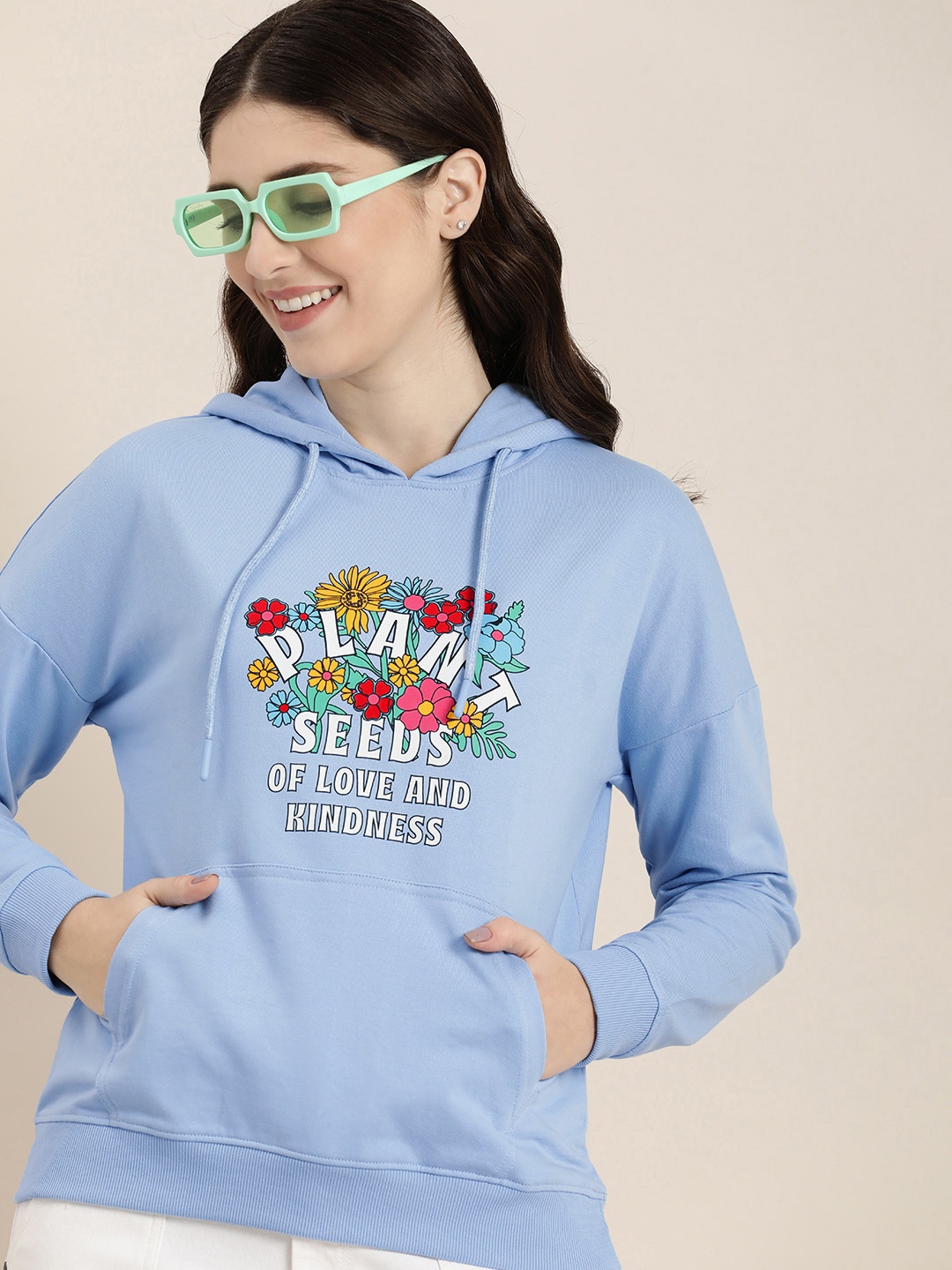 

HERE&NOW Typography Printed Drop Shoulder Sleeves Hooded Sweatshirt, Blue