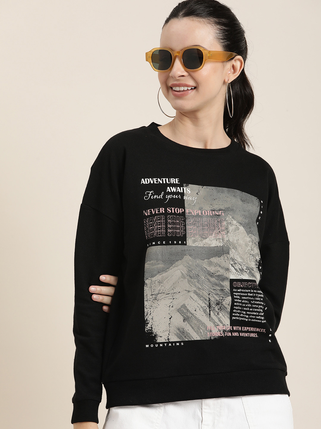 

HERE&NOW Pure Cotton Graphic Printed Casual Sweatshirt, Black