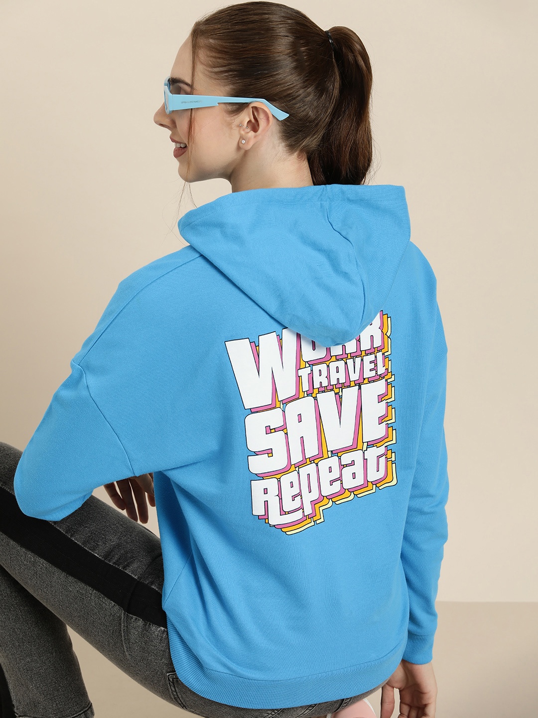 

HERE&NOW Pure Cotton Printed Hooded Sweatshirt, Blue