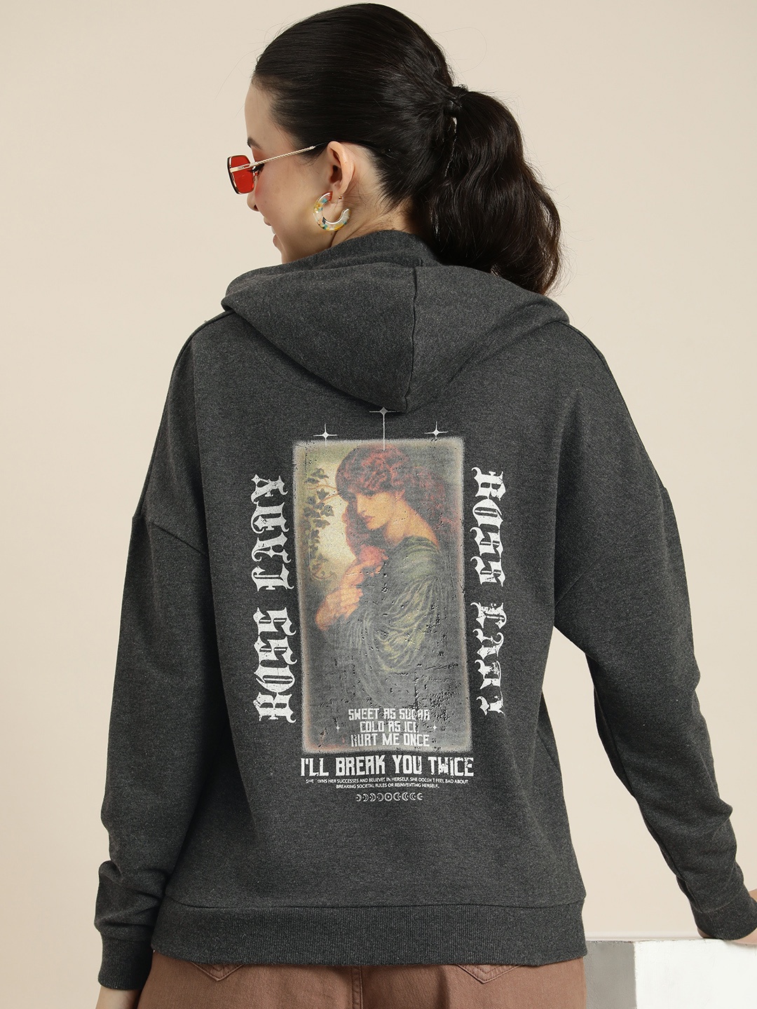 

HERE&NOW Graphic Printed Hooded Pullover Sweatshirt, Charcoal