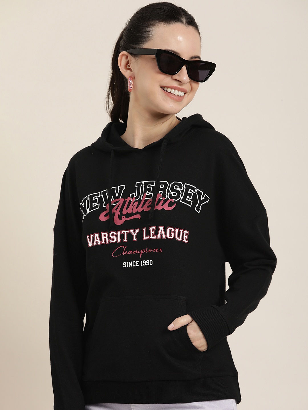 

HERE&NOW Graphic Typography Printed Pure Cotton Hooded Sweatshirt, Black