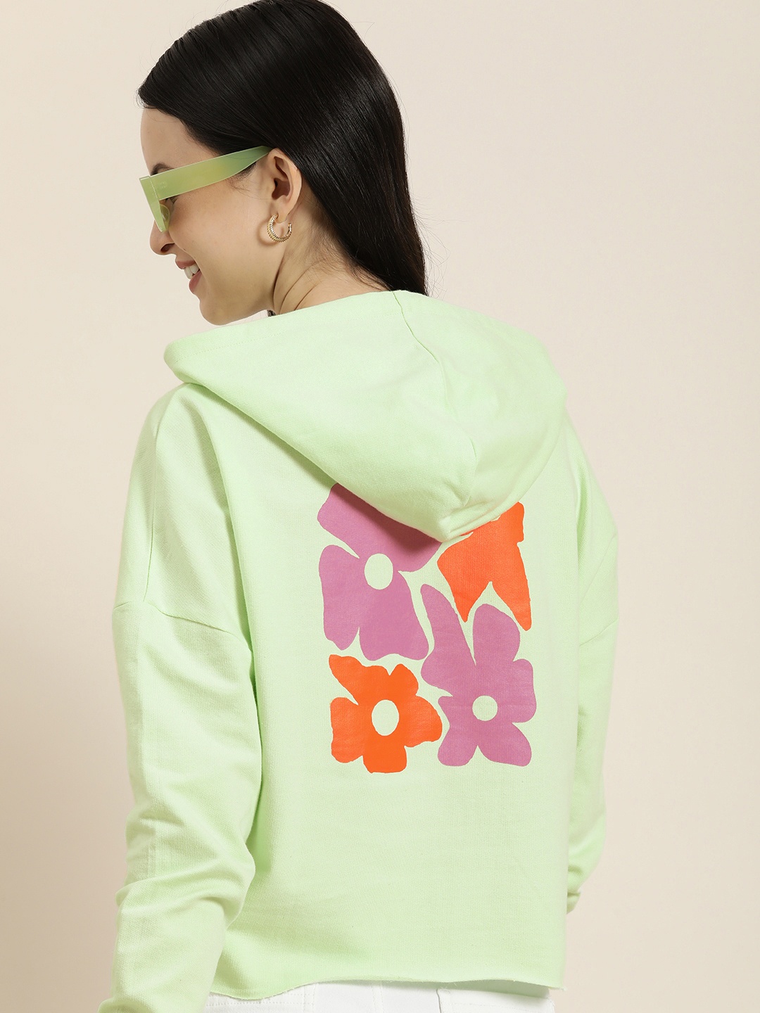 

HERE&NOW Floral Printed Pure Cotton Hooded Crop Sweatshirt, Green