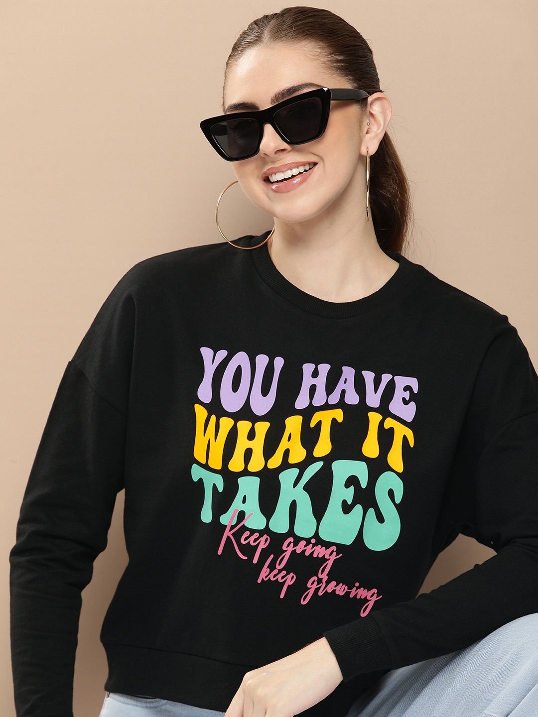 HERE&NOW Typography Printed Pure Cotton Sweatshirt, Black