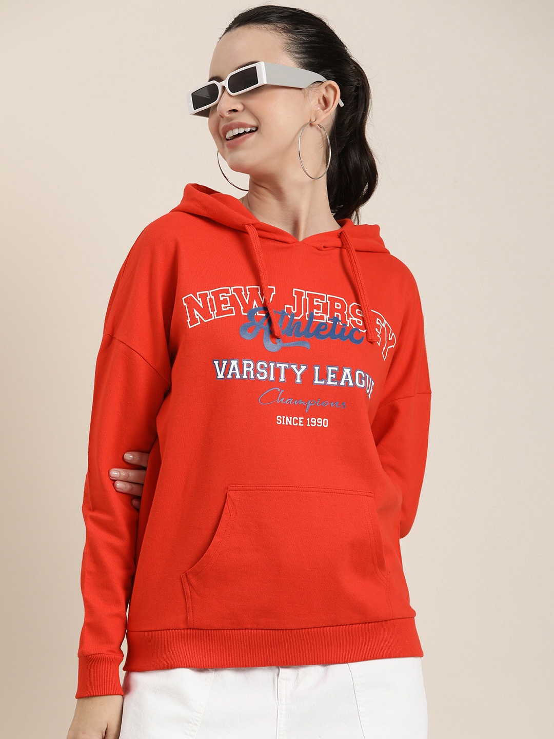 

HERE&NOW Graphic Typography Printed Pure Cotton Hooded Sweatshirt, Red