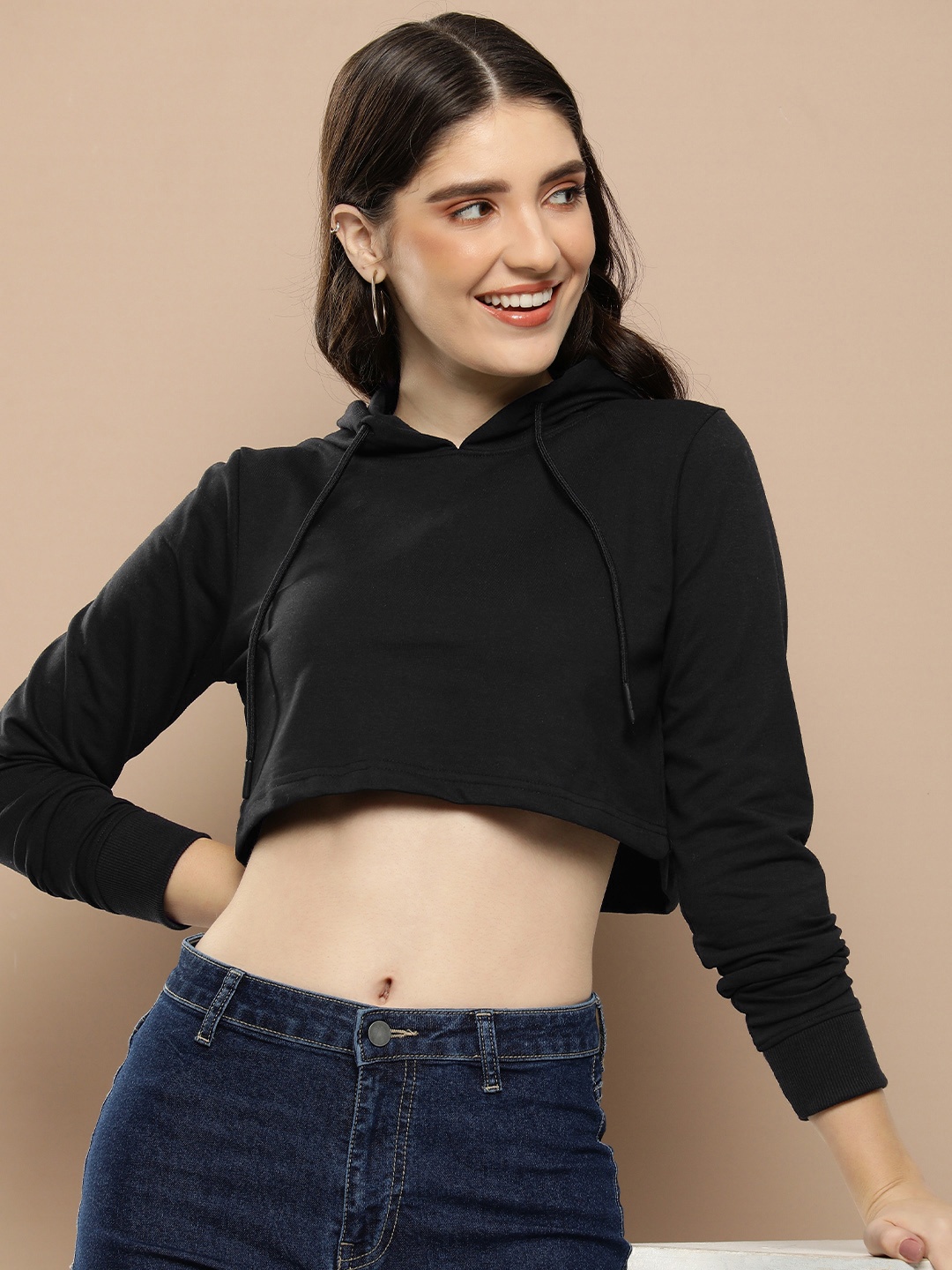 

HERE&NOW Solid Hooded Crop Sweatshirt, Black