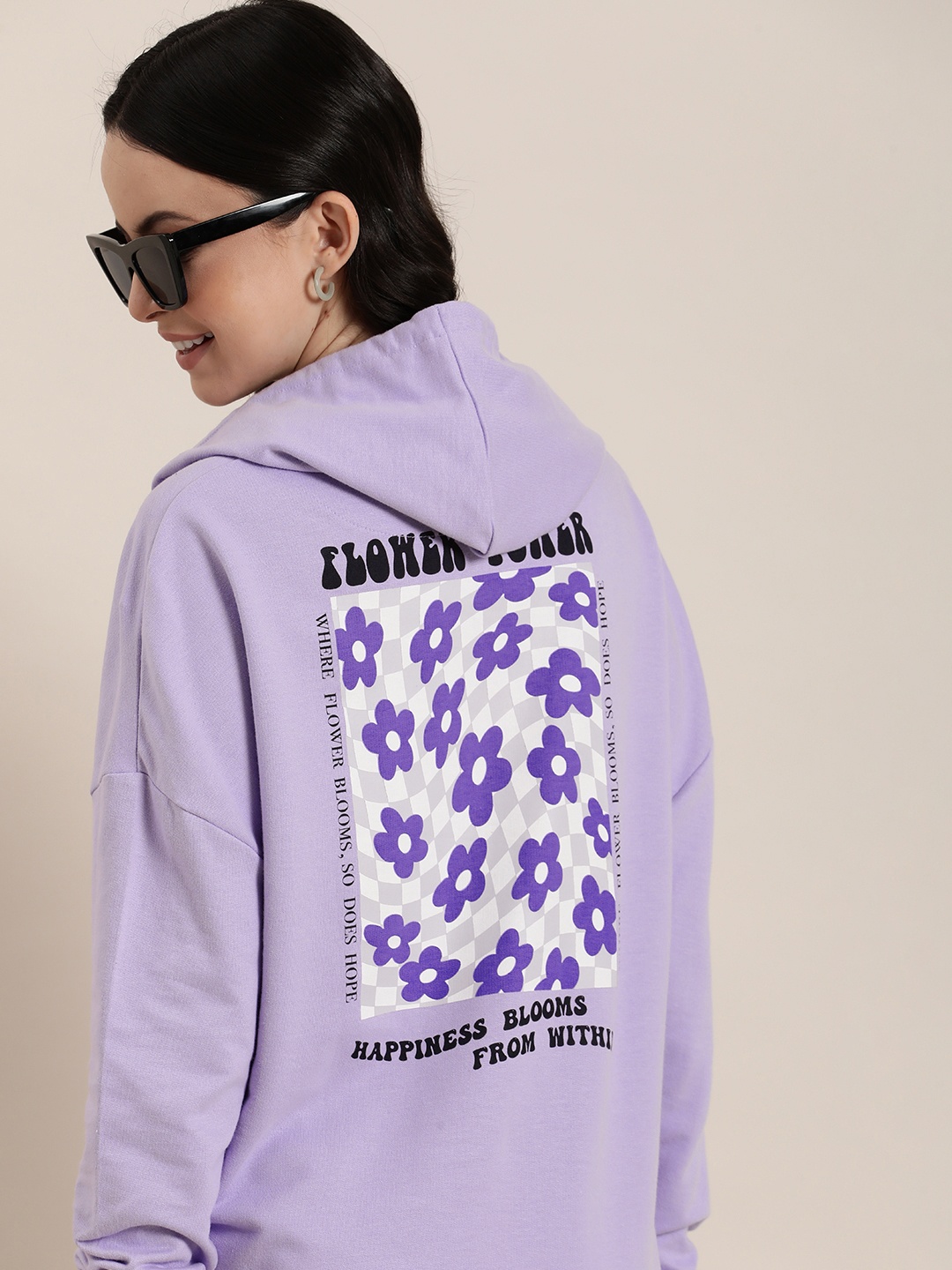 

HERE&NOW Graphic Printed Pure Cotton Hooded Sweatshirt, Lavender