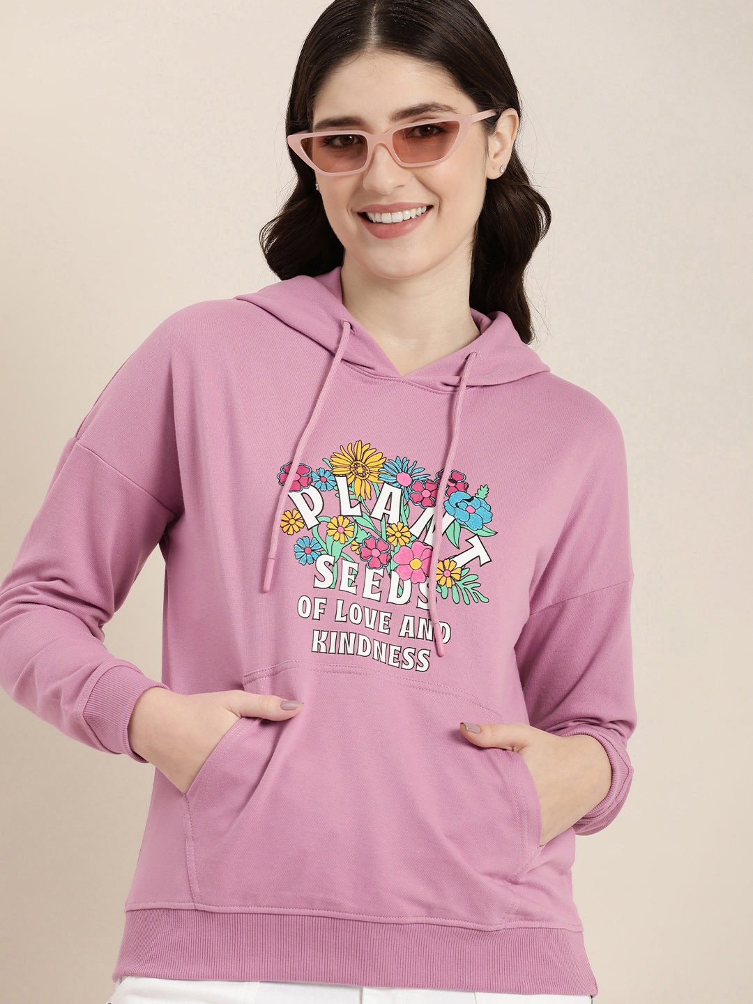 

HERE&NOW Typography Printed Drop Shoulder Sleeves Hooded Sweatshirt, Pink