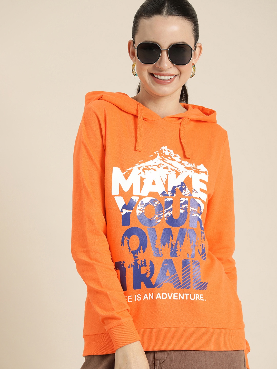 

HERE&NOW Graphic Printed Hooded Pure Cotton Pullover Sweatshirt, Orange