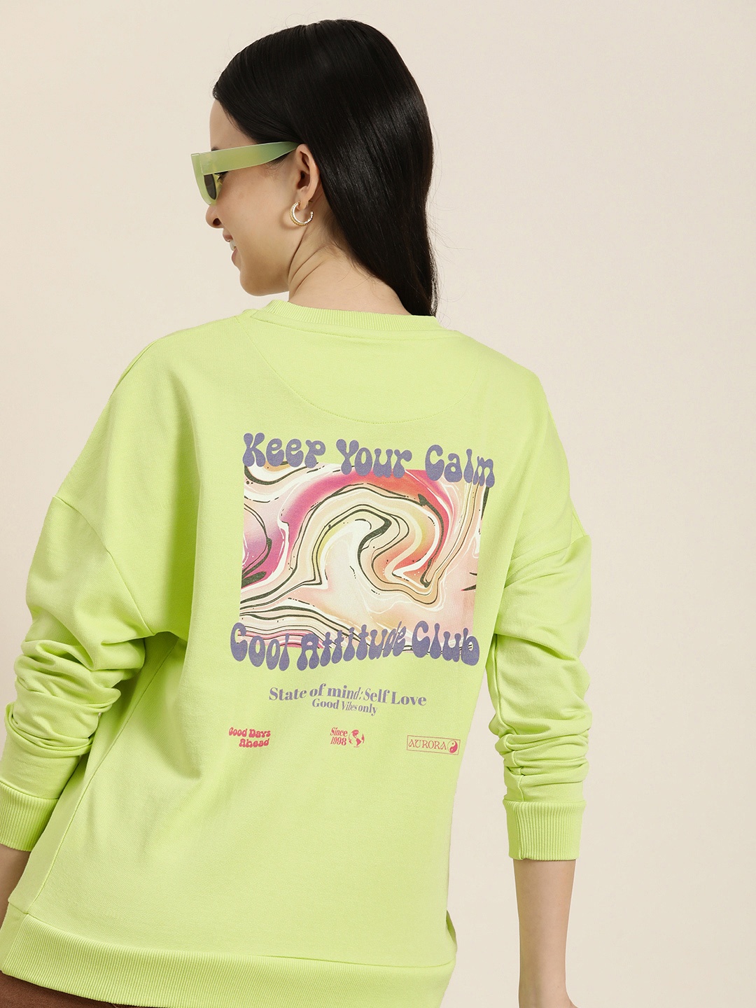 

HERE&NOW Graphic Printed Pure Cotton Pullover Sweatshirt, Green