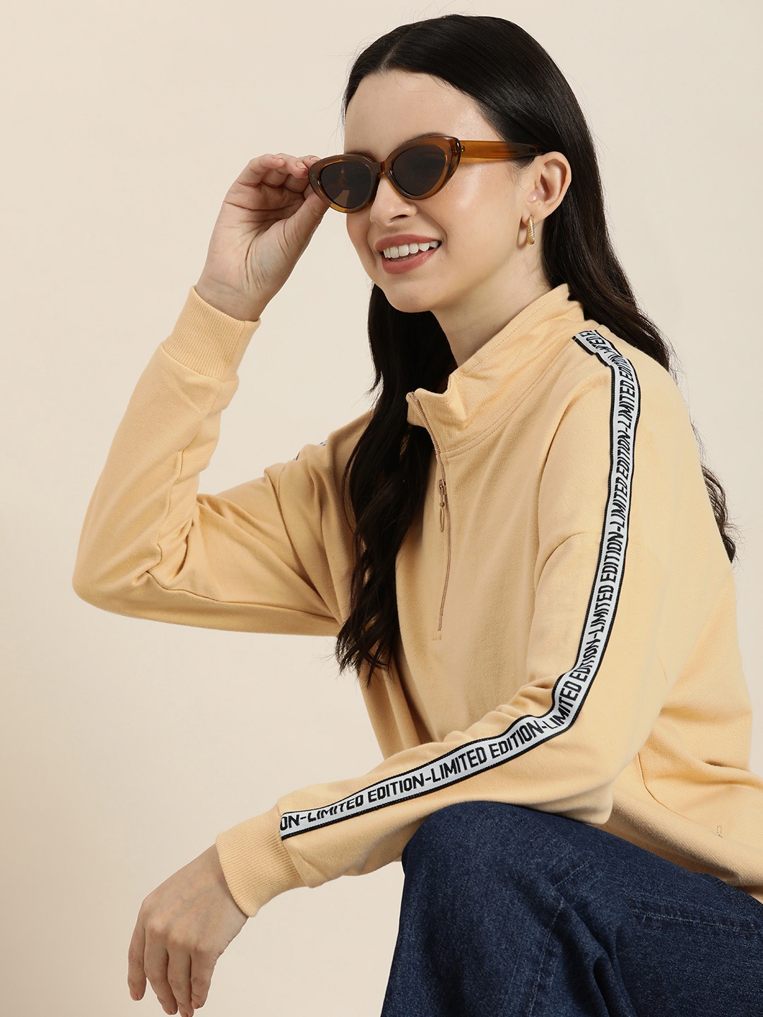 

HERE&NOW Pure Cotton Solid With Tape Detail Sweatshirt, Beige