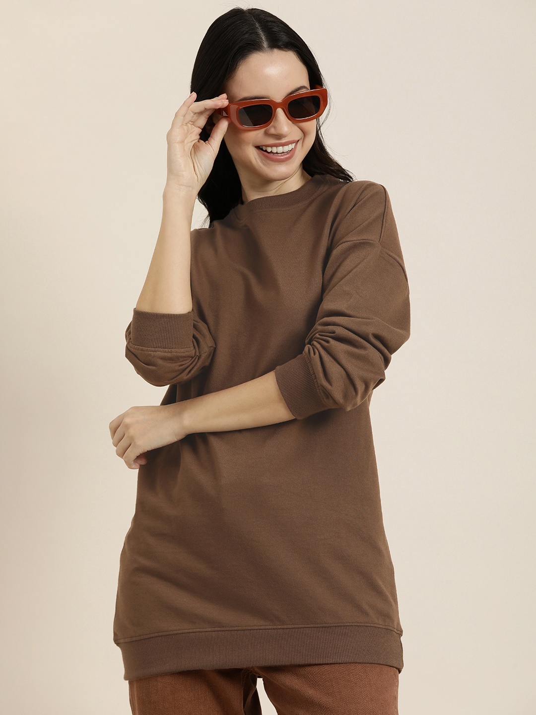 

HERE&NOW Round Neck Solid Longline Sweatshirt, Brown