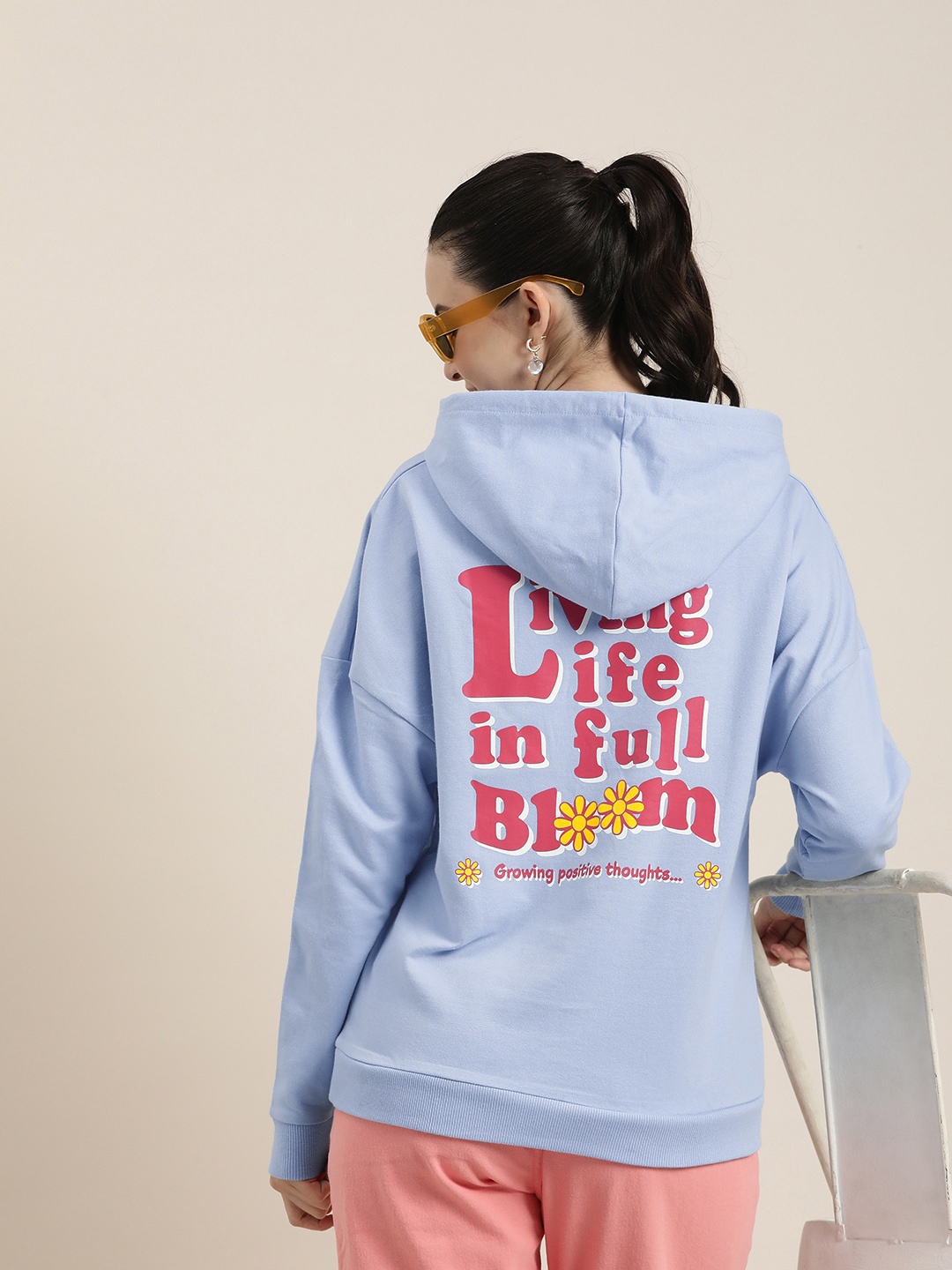 

HERE&NOW Graphic Typography Printed Pure Cotton Hooded Sweatshirt, Blue