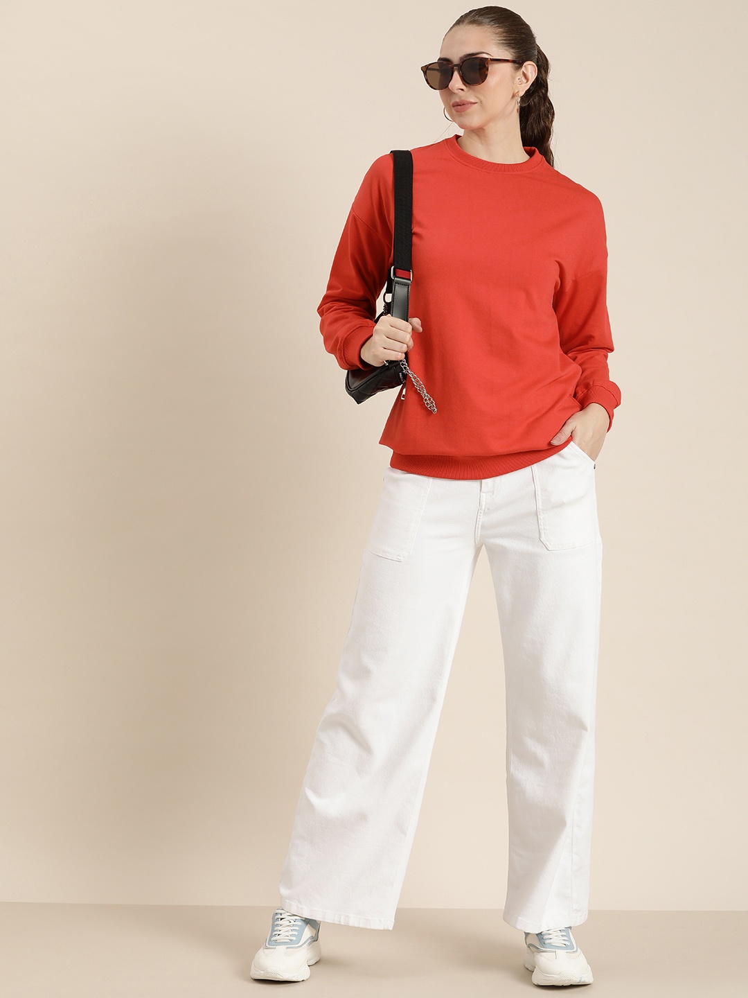 

HERE&NOW Solid Full Sleeves Round Neck Sweatshirt, Red