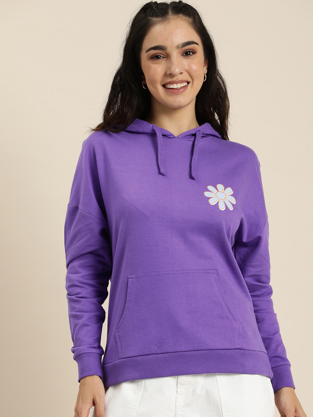 

HERE&NOW Pure Cotton Typography Printed Hooded Sweatshirt, Violet