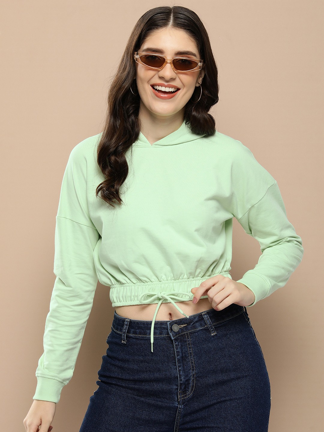 

HERE&NOW Solid Drop Shoulder sleeves Hooded Crop Sweatshirt, Green