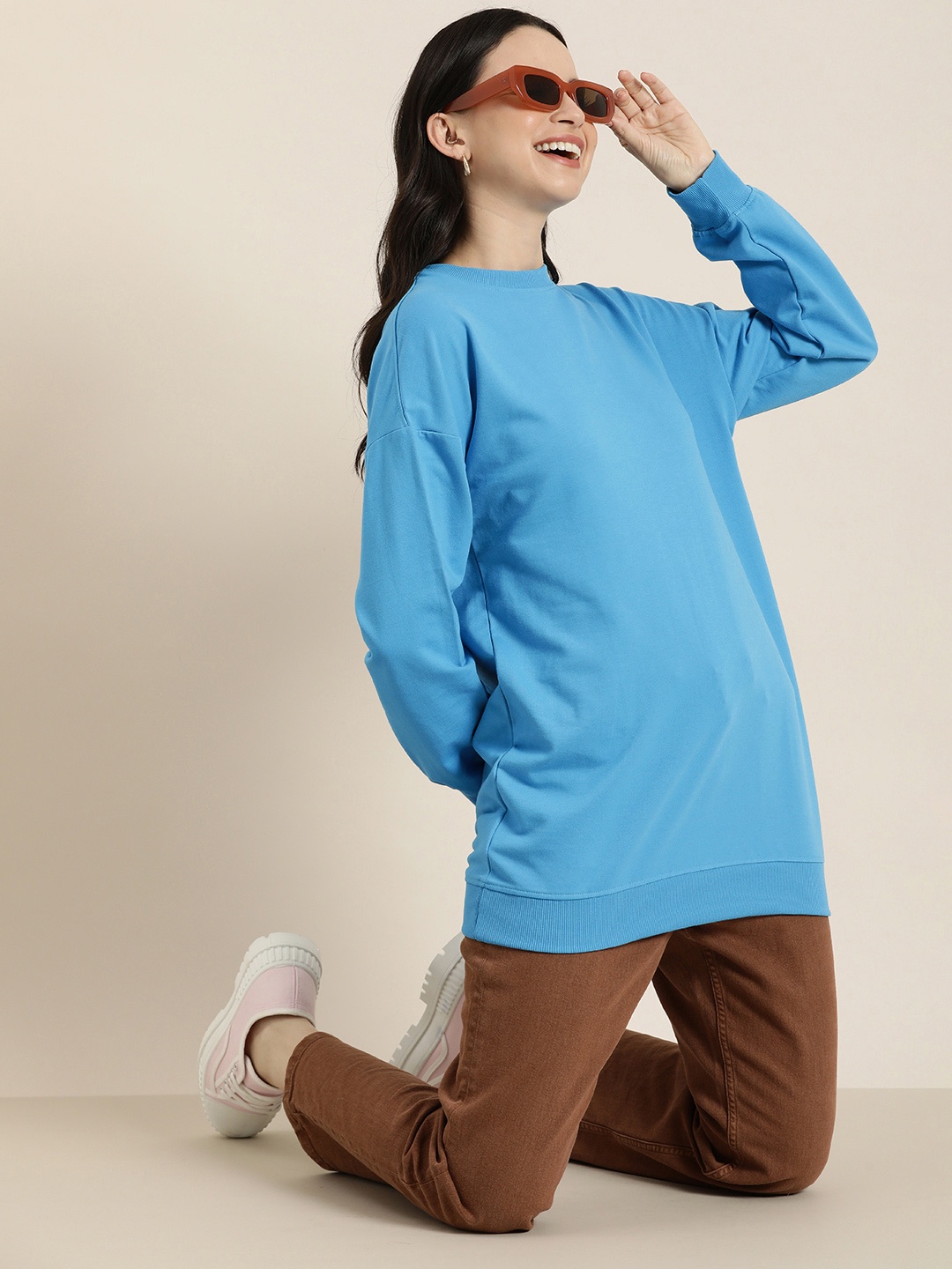 

HERE&NOW Solid Round-Neck Pullover Sweatshirt, Blue