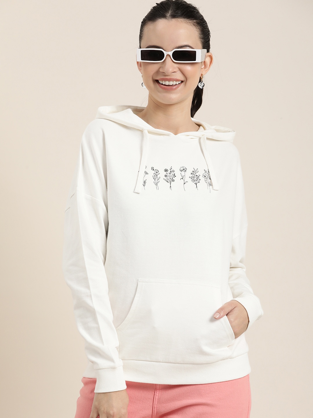 

HERE&NOW Graphic Floral Printed Pure Cotton Hooded Sweatshirt, White