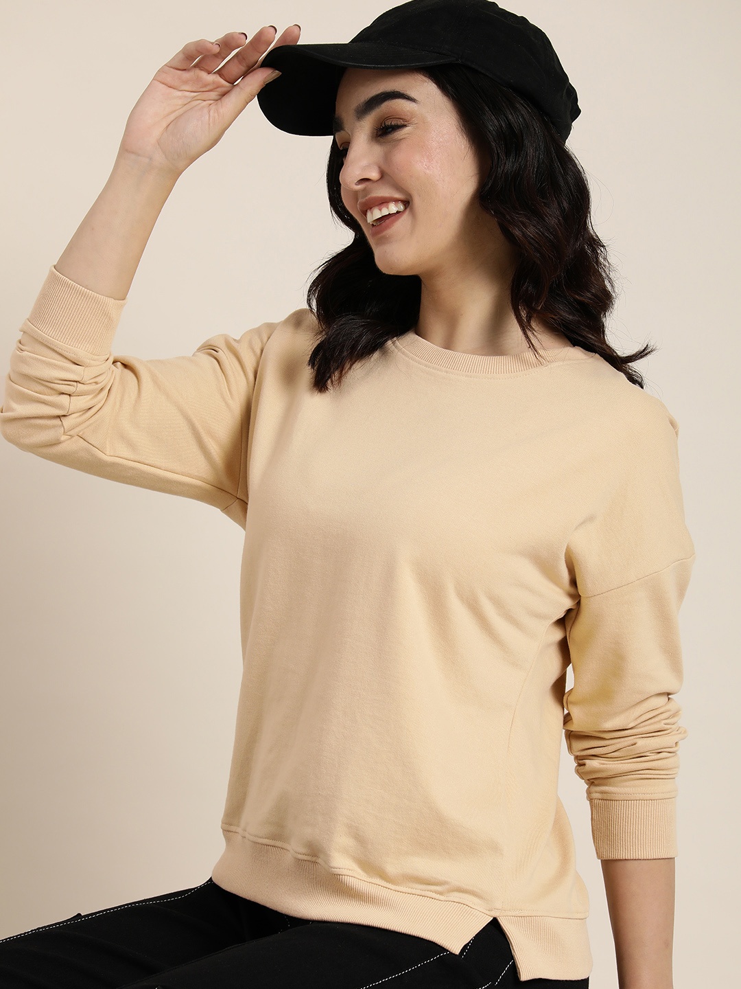 

HERE&NOW Solid Full Sleeves Casual Sweatshirt, Beige