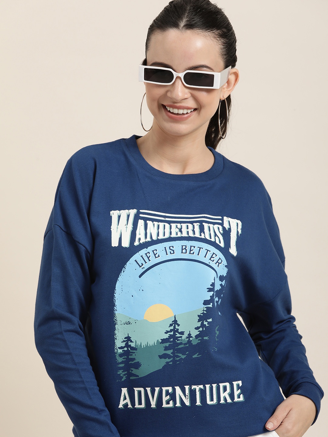 

HERE&NOW Pure Cotton Graphic Printed Casual Sweatshirt, Navy blue
