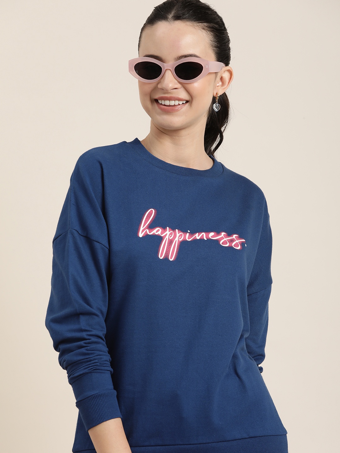 

HERE&NOW Pure Cotton Typography Printed Casual Sweatshirt, Navy blue