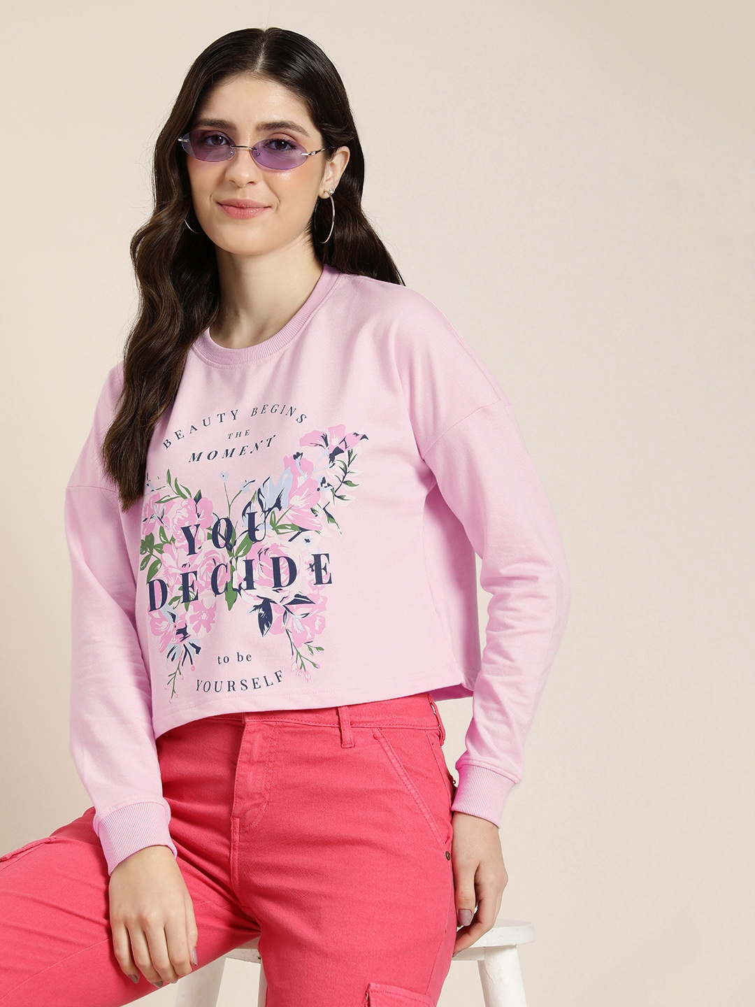 

HERE&NOW Printed Crop Hooded Sweatshirt, Pink