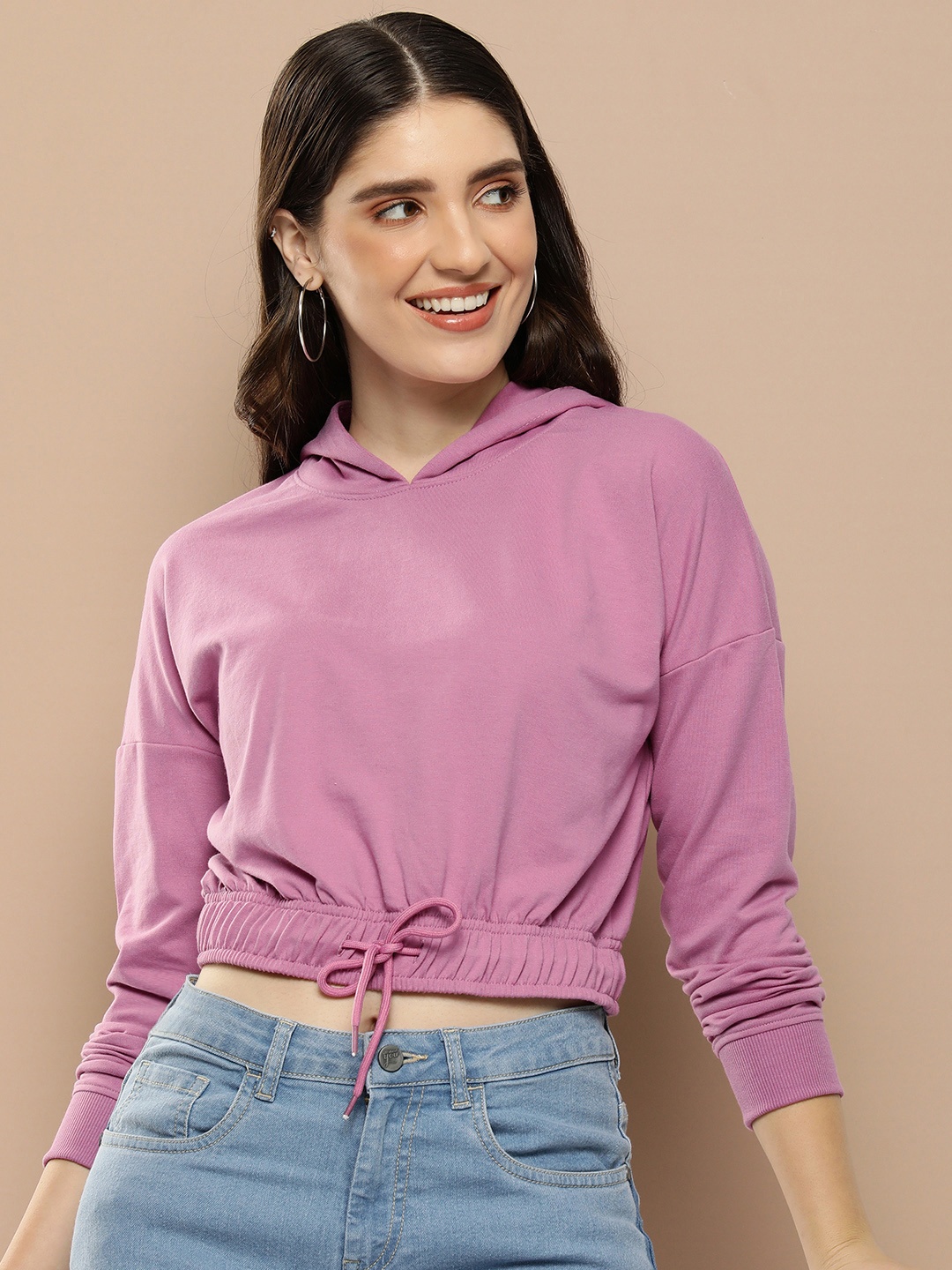 HERE&NOW Solid Drop Shoulder sleeves Hooded Crop Sweatshirt, Pink