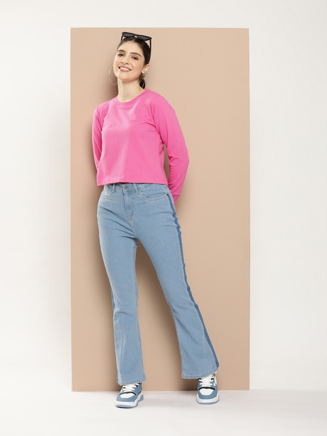 

HERE&NOW Solid Round Neck Pullover Sweatshirt, Pink