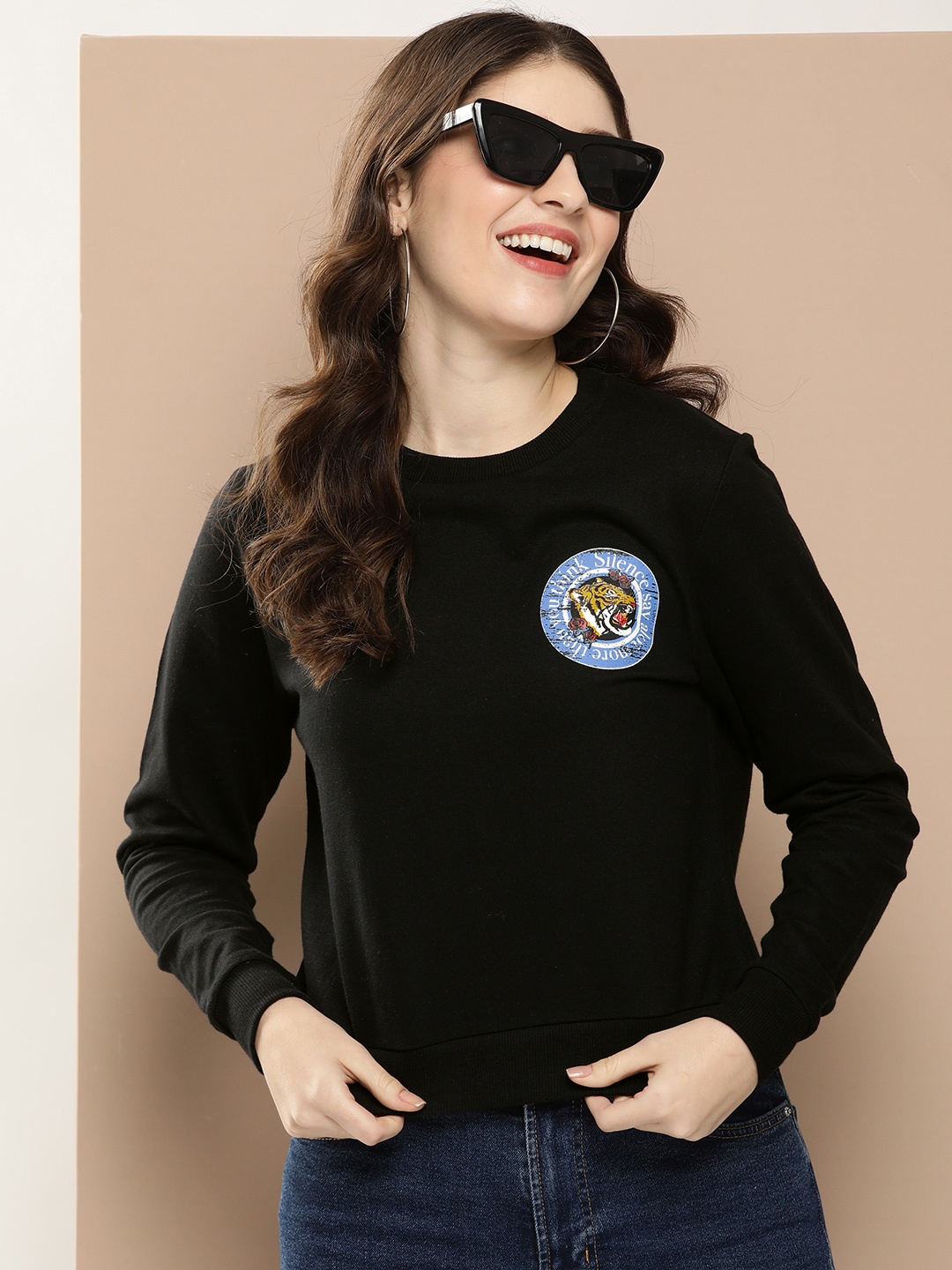

HERE&NOW Round Neck Printed Pure Cotton Sweatshirt, Black