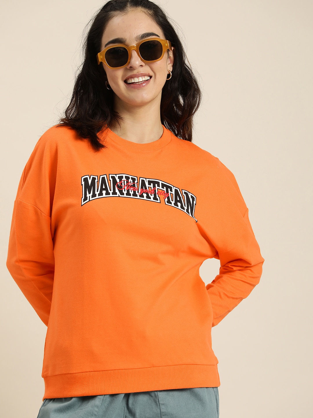 

HERE&NOW Pure Cotton Typography Printed Casual Sweatshirt, Orange