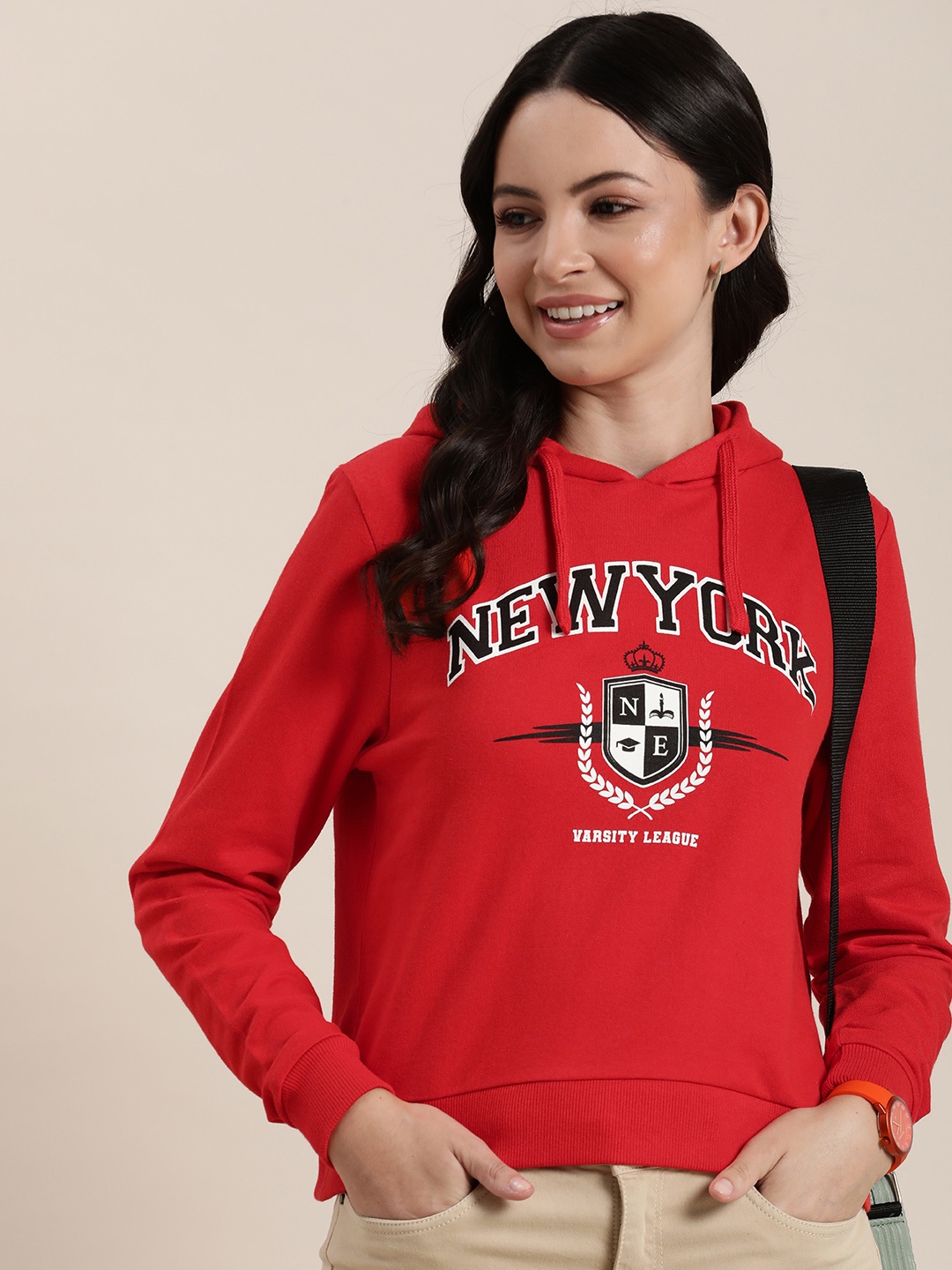 

HERE&NOW Graphic Printed Pure Cotton Hooded Sweatshirt, Red