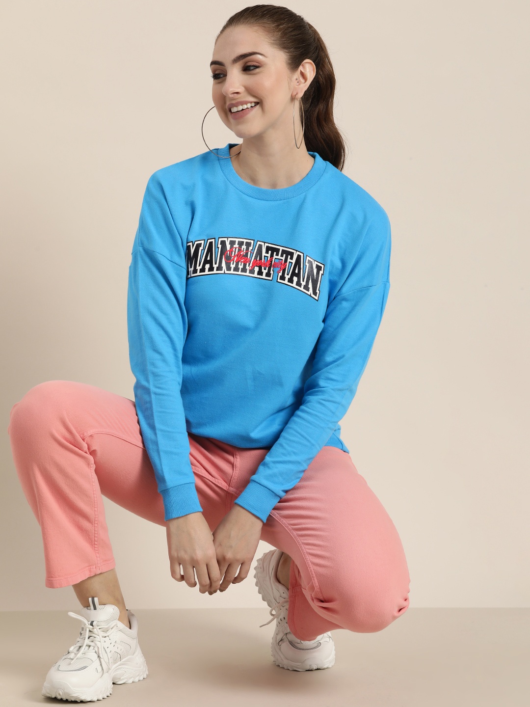

HERE&NOW Pure Cotton Typography Printed Pullover Sweatshirt, Blue